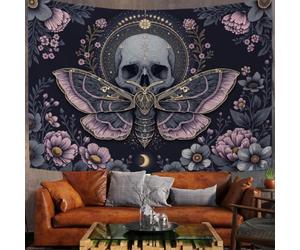 Tapisserie Murale Papillons De Nuit, Crânes Et Fleurs - 150x100 cm Tenture Murale Style Gothique Orné - Couverture Murales Décoration Tapisseries Tissu pour Salon Chambre Dortoir, Gris Anthracite