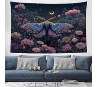 Tapisserie Murale Papillons De Nuit Fleurs Sauvages Couverture Murales Ciel Étoilé Fantastique Tapisseries Aesthetic Decoration Murales pour Maison Salon Chambre Appartement - 200x150 cm, Bleu