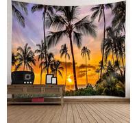 Tapisserie murale pour bureau en polyester, orange, jaune, violet, coucher de soleil, cocotiers, paysage, tapisseries 260 x 240 cm