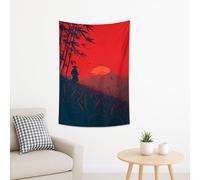 Tapisserie murale Red Sun Mountain, bambou et samouraï, esthétique asiatique pour salon, chambre à coucher, décoration d'intérieur, 127 x 152 cm