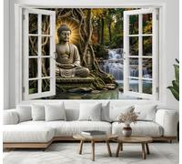 Tapisserie Murale - Statue Bouddha Ancienne Sous Un Banian Couverture Murales - 150x100 cm Tapisseries Esthétique Forêts Ruisseaux Montagne Zen Décoration Panoramique pour Salon Chambre Dortoir