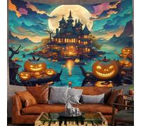 Tapisserie Murale Tenture Murale Bâtiment D'Halloween Couverture Murales L'Île Aux Sorcières Et La Lanterne Jack-O'-Lantern Tapisseries Decoration Murales pour Salon, Chambre, Dortoir, Turquoise