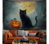 Tapisserie Murale Tenture Murale Citrouille D'Halloween Couverture Murales Chat Noir Et Clair De Lune Tapisseries Decoration Murales pour Salon, Chambre, Dortoir, Séparateur de Pièce, Gris Clair