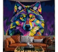 Tapisserie Murale Tête De Loup Géométrique, Animal Abstrait Tapisserie Imprimée, Multicolore Tapestry Pour Couvre-Lit Salon Décoration Murale Art Mural Fête 200x150cm
