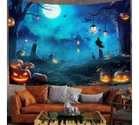 Tapisserie Murale Thème D'Halloween Tenture Murale Cimetière Fantôme Tapisseries Decoration Murales pour Maison Salon Chambre Dortoir, 230x180 cm, Bleu Foncé
