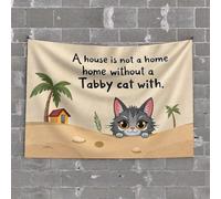 Tapisserie murale vintage avec chat tigré et cachette tropicale : A Home is Not Just A House - Tapisserie cool choses pour votre chambre (100 x 150 cm)