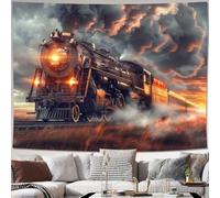 Tapisserie murale vintage en polyester représentant une locomotive à vapeur, scène spectaculaire de coucher de soleil, pour chambre, bureau, dortoir, décoration de fête, avec kit d'installation