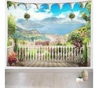 Tapisserie Murale Vue du Balcon 130x150 cm Tenture Murale Fleurs de Montagne Tapisserie Tissu 3D Impression Decoration Art pour Maison Salon Chambre Dortoir a-9661