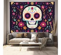 Tapisserie Murales, Art Mural Tapisserie Crâne Floral, Jour Des Morts Mexicain Murales Décoration Murale En Tissu Pour Dortoir Salon De La Fête (Multicolore, 150x100cm)