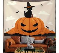 Tapisserie Murales Champ De Citrouilles D'Halloween Tapisserie Murale Tissu Chat Noir Avec Chapeau De Sorcière Tenture Murale Décoration Tenture Murales pour Chambre, Dortoir, Fête, Crème, 150x100 cm
