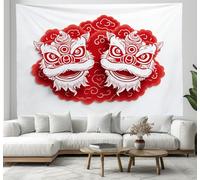 Tapisserie Murales, Danse du lion chinoise Découpe de papier 3D, 70x100cm Tapisserie Murale Tissu, pour la Décoration de Chambre à Coucher, Décorations Murales, Art Mural, Nappes