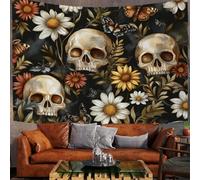 Tapisserie Murales Marguerite Rococo, Tenture Murale Crâne D'Halloween, 200X150Cm Tapisserie Murale Tissu Pour La Chambre À Coucher Décorations Murales, Or Noir Art Mural