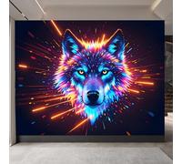 tapisserie murales papier peint 300x210cm Loup Sur Fond Noir Avec Des Lignes Colorées papier peint panoramique nature Toile de qualité supérieure à effet peinture,assemblage invisible,pour d’amis
