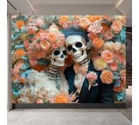 tapisserie murales papier peint 500x280cm Couple Squelette Dans Les Fleurs papier peint panoramique jungle Ensemble de panneaux sur toile peinture, sans couture, pour grand mur d’intérieur EB24-8972