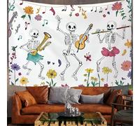 Tapisserie Murales Personnages De Dessins Animés D'Halloween Tapisserie Murale Tissu Jardin Des Squelettes Tenture Murale Décoration Tenture Murales pour Chambre, Dortoir, Fête, Blanc, 150x130 cm