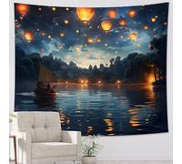 Tapisserie nuit étoilée ciel lanterne style chinois forêt naturelle lac bleu polyester décoration murale recouvrant des impressions d'art pour intérieur, maison, salon, dortoir, tapisserie confortable