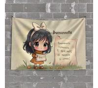 Tapisserie pour murs Chibi Girl avec message d'automne : Buonannotte Salutation Tapisserie Décoration murale Dortoir Bière Décoration (100 x 150 cm)