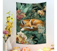 Tapisserie renard endormi, orange floral bohème, esthétique sur le thème de la nature pour chambre à coucher, salon, dortoir, 76,2 x 101,6 cm