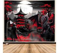 Tapisserie samouraï manga rouge et noir, tapisserie murale médiévale fantaisie dragon à suspendre pour homme, forêt montagne, nature, coucher de soleil, Asie sombre, tapisserie japonaise, esthétique