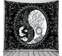Tapisserie Soleil Et Lune Noir Et Blanc Dieu Brûlant Du Soleil Avec Des Étoiles Tapisserie Psychédélique Pour Chambre Salon Décoration (150 x 130 cm,Couleur 2)