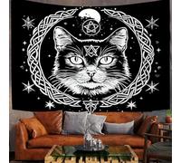 Tapisserie Tenture Murale Éléments De Sorcellerie Tapisserie Murales Visage De Chat Décoration Murale en Tissu pour la Chambre à Coucher Le Salon Le dortoir, Noir Et Blanc, 100x75 cm