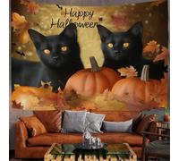 Tapisserie Tenture Murale Feuilles D'Halloween Tapisserie Murales Chat Noir Et Citrouille Décoration Murale en Tissu pour la Chambre à Coucher Le Salon Le dortoir, Brun, 230x180 cm