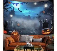 Tapisserie Tenture Murale Nuit D'Halloween, Tapisserie Murales Cimetière Antique Brumeux, Tissu D'Impression Rectangulaire Décoration Murales pour Maison Salon Chambre Dortoir,150x100 cm, Bleu