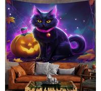 Tapisserie Tenture Murale Style De Dessin Animé Tapisserie Murales Jack-O'-Lantern Et Chat Noir Décoration Murale en Tissu pour la Chambre à Coucher Le Salon Le dortoir, Violet,