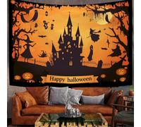 Tapisserie Tenture Murale Thème D'Halloween Tapisserie Murales Château Et Cimetière Décoration Murale en Tissu pour la Chambre à Coucher Le Salon Le dortoir, Orange, 200x150 cm