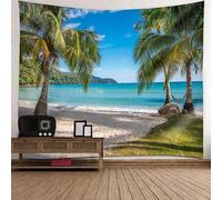 Tapisserie Tenture, Palmier Mer Plage Bord de mer Paysage Plaque de Pique-Nique, décoration Murale, Art Mural au Plafond | Bleu Vert, 240x220cm