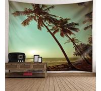 Tapisserie Tenture, Paysage de Plage et de Palmiers Décoration Tenture Murale pour Chambre à Coucher, Salon, Maison | Vert Marron, 210x140cm