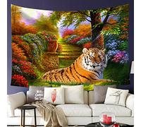 Tapisserie Tenture Tigre Sauvage, Jardin De Fleurs Colorées, Animal De Printemps Vintage Tapisserie Décoration Tapisseries, Pour Fête, Dortoir, Mariage, 100x150cm