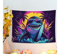 Tapisserie tropicale de requin cool, art mural de plage dynamique, décoration d'été amusante pour salon, chambre, dortoir, surf, esthétique 122 x 91 cm
