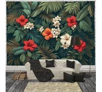 Tapisserie Vert Forêt À Motif Hibiscus Tropical, Décoration Tenture Murale Feuilles De Palmier Exotiques, Tapisserie Esthétique Pour Bannière De Fête Salon Chambre À Coucher Dortoir, 150X100Cm