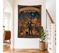 Tapisserie vintage Halloween Carnaval Citrouilles Man 127 x 152,4 cm | Thème carnaval vintage, tenture murale en tissu, illustration de chat, décoration de cirque fantaisie, art mural saisonnier