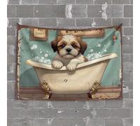 Tapisserie vintage pour décoration de bar en plein air, adorable chiot relaxant dans une baignoire avec bulles pour chambre à coucher, esthétique (75 x 100 cm)