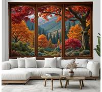 Tapisserie - Vue D'Une Forêt D'Automne Par La Fenêtre Paysage Naturel- 230X150Cm - Grande Tapisserie - Poster Décoratif - Décoration - Papier Peint Tissu Accessoire Séparateur De Pièce - Orange