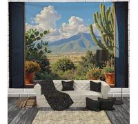 Tapisserie - Vue D'Une Plante Mexicaine Fenêtre Esthétique Occidentale- 100X75Cm - Grande Tapisserie - Poster Décoratif - Décoration - Papier Peint Tissu Accessoire Séparateur De Pièce - Bleu-Vert