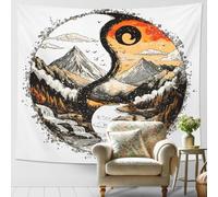 Tapisserie Yin Yang Coucher de Soleil Montagnes Nature Paysage Mural Tenture en Orange et Noir Art Décoration Bohème pour Salon Chambre Espace de Méditation 152,4 x 101,6 cm