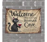 Tapisseries Décoration de chambre Welcome to The Woman Cave : Relax, Enjoy Wine and Cats! Tapisserie esthétique décoration murale pour chambre à coucher (75 x 100 cm)