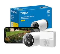 Tapo Caméra de sécurité extérieure sans fil 2K QHD, 1 caméra avec concentrateur inclus, batterie rechargeable de 180 jours, 4 MP, vision nocturne en couleur, détection AI, stockage SD, fonctionne avec