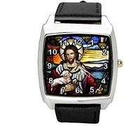 TAPORT Jesus Christ Montre à quartz carrée avec bracelet en cuir noir, Noir , Sangle