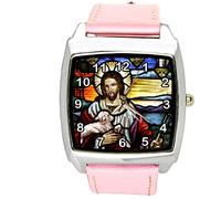 TAPORT® JESUS CHRIST Montre à quartz carrée avec bracelet en cuir rose, Sangle