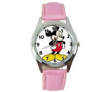 Taport® Mickey Montre-bracelet à quartz, en cuir rose Disney + batterie de rechange + sac cadeau
