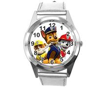 Taport® Montre à quartz avec bracelet en cuir argenté pour les fans de Pat’Patrouille