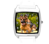 Taport® Montre à quartz carrée avec bracelet en cuir blanc Motif berger allemand