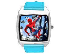Taport® Montre à quartz carrée avec bracelet en cuir bleu pour les fans de Spiderman E2