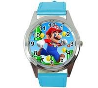 TAPORT Montre à quartz ronde en cuir bleu moustache plombier, Sangle
