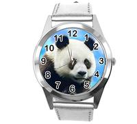TAPORT Montre ronde en cuir argenté pour les fans de Panda, Argenté., Bracelet