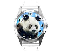 TAPORT Montre ronde en cuir blanc pour les fans de Panda, blanc, Sangle
